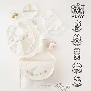 Le Toy Van - Honeybake - Baby Doll Accessories - Natural Cotton + Wooden Toy Dolls Nursing Accessories Set - Scaled Doll Accessories - 8 Piece Set - Dolls and Toys 30-35cm - Age 2+ Years