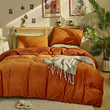 Wellboo Burnt Orange Velvet Comforter Sets Queen Women Girls Rust Caramel Fluffy Bedding Comforters Solid Terracotta Flannel Modern Aesthetic Quilts Warm Winter Plain Reddish Plush 3 PCS Blankets Soft