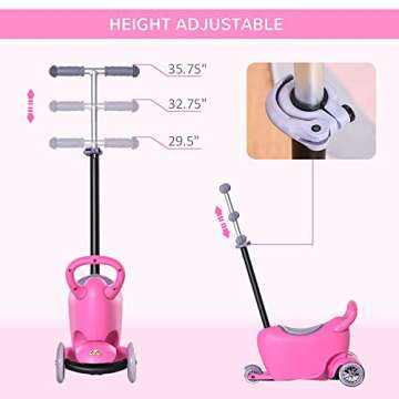 Qaba 3-in-1 Ride On Push Car, Kids Scooter, Sliding Walker, Push Rider, with Adjustable Handlebar, 3 Balanced Wheels, Removable Storage Seat, for Boys and Girls Aged 2-6 Years Olds, Pink