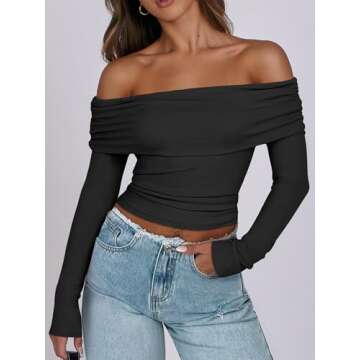 ANRABESS Womens Long Sleeve Off Shoulder Shirts Tight Fitted Going Out Y2K Sexy Ruched Tee Tops Blou...