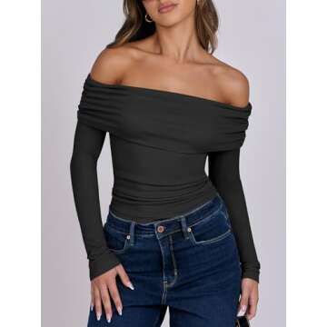 ANRABESS Womens Long Sleeve Off Shoulder Shirts Tight Fitted Going Out Y2K Sexy Ruched Tee Tops Blouses 2024 Trendy Outfits Black Small