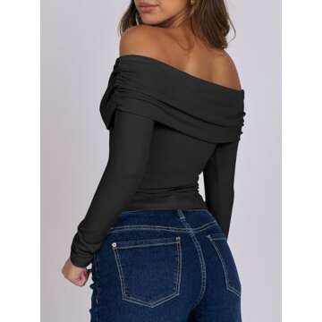 ANRABESS Womens Long Sleeve Off Shoulder Shirts Tight Fitted Going Out Y2K Sexy Ruched Tee Tops Blouses 2024 Trendy Outfits Black Small