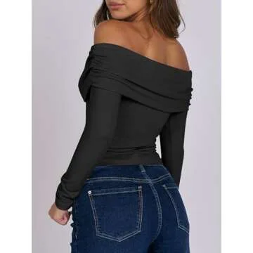 ANRABESS Womens Long Sleeve Off Shoulder Shirts Tight Fitted Going Out Y2K Sexy Ruched Tee Tops Blouses 2024 Trendy Outfits Black Small