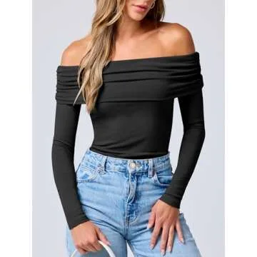 ANRABESS Womens Long Sleeve Off Shoulder Shirts Tight Fitted Going Out Y2K Sexy Ruched Tee Tops Blouses 2024 Trendy Outfits Black Small