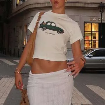 Women's Short Sleeve Y2K White Baby Tees E-Girls Cute Graphic Print Crop Tops Slim Fit T Shirts Retro Vintage Aesthetic 90s Fashion Clothes