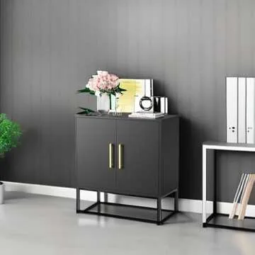LYNSOM Storage Cabinet with Doors and Shelves, Free Standing Office Cabinet, Modern Wood Buffet Sideboard for Kitchen, Living Room, Bedroom, Hallway, Black