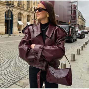 THLAI Womens PU Leather Jacket Long Sleeve Retro Collar Motorcycle Jacket Casual Coat