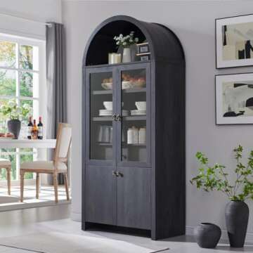 IFGET 71" Tall Arched Kitchen Pantry Cabinet, Modern Farmhouse Kitchen Storage Cabinets with Open & Adjustable Shelves, Hidden Drawer & Glass Door, Versatile Cupboard for Kitchen, Dining Room, Grey