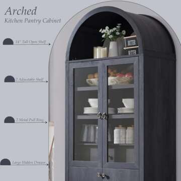 IFGET 71" Tall Arched Kitchen Pantry Cabinet, Modern Farmhouse Kitchen Storage Cabinets with Open & Adjustable Shelves, Hidden Drawer & Glass Door, Versatile Cupboard for Kitchen, Dining Room, Grey