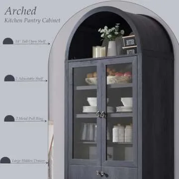 IFGET 71" Tall Arched Kitchen Pantry Cabinet, Modern Farmhouse Kitchen Storage Cabinets with Open & Adjustable Shelves, Hidden Drawer & Glass Door, Versatile Cupboard for Kitchen, Dining Room, Grey