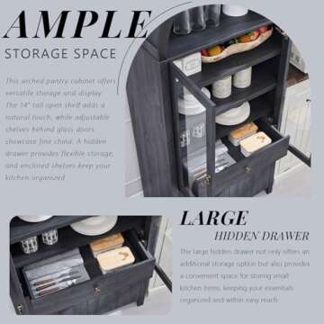 IFGET 71" Tall Arched Kitchen Pantry Cabinet, Modern Farmhouse Kitchen Storage Cabinets with Open & Adjustable Shelves, Hidden Drawer & Glass Door, Versatile Cupboard for Kitchen, Dining Room, Grey