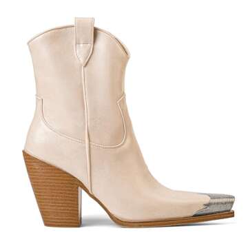 HoanTiai Womens Western Ankle Boots Engraved Metal Toe Cowgirl Booties Stacked Block Heeled Cowboy B...