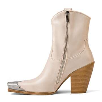 HoanTiai Womens Western Ankle Boots Engraved Metal Toe Cowgirl Booties Stacked Block Heeled Cowboy Boots Fashion Western Party Heeled Shoes