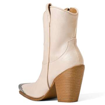 HoanTiai Womens Western Ankle Boots Engraved Metal Toe Cowgirl Booties Stacked Block Heeled Cowboy Boots Fashion Western Party Heeled Shoes