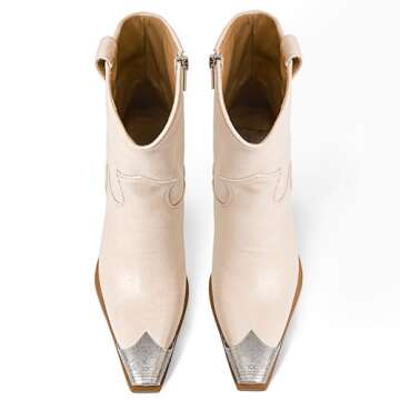 HoanTiai Womens Western Ankle Boots Engraved Metal Toe Cowgirl Booties Stacked Block Heeled Cowboy Boots Fashion Western Party Heeled Shoes