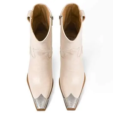 HoanTiai Womens Western Ankle Boots Engraved Metal Toe Cowgirl Booties Stacked Block Heeled Cowboy Boots Fashion Western Party Heeled Shoes