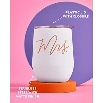 xo, Fetti Mrs Wine Tumbler Gift | Pink + White 12oz Matte Stainless Steel, Bachelorette Party Decorations Cups + Bride Stemless Bridal Shower, Engagement
