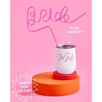 xo, Fetti Mrs Wine Tumbler Gift | Pink + White 12oz Matte Stainless Steel, Bachelorette Party Decorations Cups + Bride Stemless Bridal Shower, Engagement