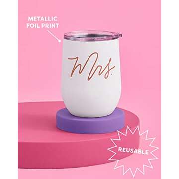 xo, Fetti Mrs Wine Tumbler Gift | Pink + White 12oz Matte Stainless Steel, Bachelorette Party Decorations Cups + Bride Stemless Bridal Shower, Engagement
