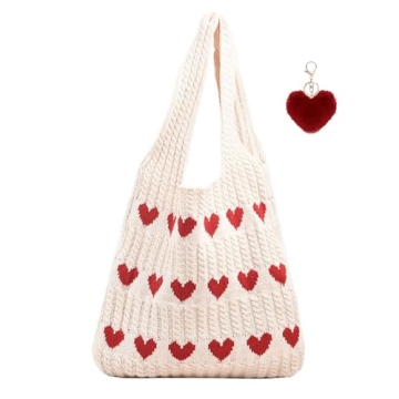 Aiyify Crochet Tote Bag Heart Tote Bag Y2k Aesthetic Knit Love Bags Beach Tote Bag Hippie Bag for Wo...