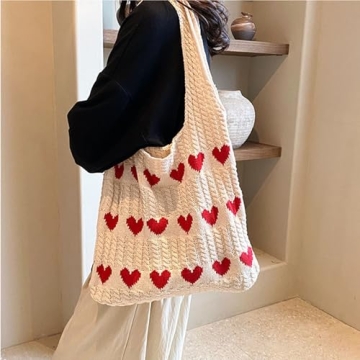 Aiyify Crochet Tote Bag Heart Tote Bag Y2k Aesthetic Knit Love Bags Beach Tote Bag Hippie Bag for Women with Accessory (Beige)