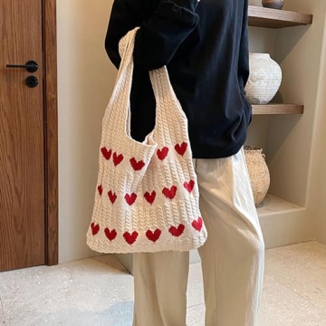 Aiyify Crochet Tote Bag Heart Tote Bag Y2k Aesthetic Knit Love Bags Beach Tote Bag Hippie Bag for Women with Accessory (Beige)