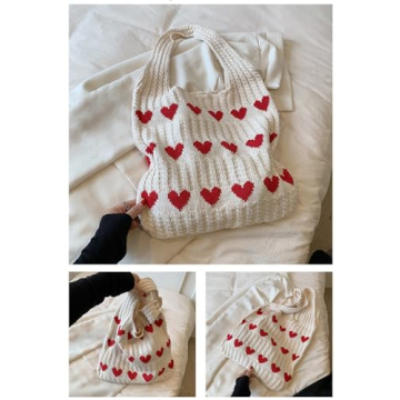 Aiyify Crochet Tote Bag Heart Tote Bag Y2k Aesthetic Knit Love Bags Beach Tote Bag Hippie Bag for Women with Accessory (Beige)