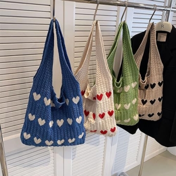 Aiyify Crochet Tote Bag Heart Tote Bag Y2k Aesthetic Knit Love Bags Beach Tote Bag Hippie Bag for Women with Accessory (Beige)