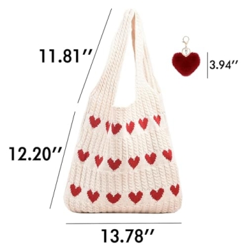 Aiyify Crochet Tote Bag Heart Tote Bag Y2k Aesthetic Knit Love Bags Beach Tote Bag Hippie Bag for Women with Accessory (Beige)