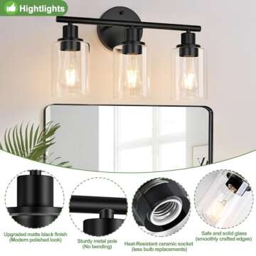 Zarbitta 3-Light Bathroom Light Fixtures, Black Modern Vanity Lights with Clear Glass Shade, Bathroom Wall Lamp for Mirror Kitchen Living Room Hallway Cabinet Porch