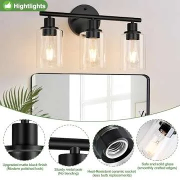 Zarbitta 3-Light Bathroom Light Fixtures, Black Modern Vanity Lights with Clear Glass Shade, Bathroom Wall Lamp for Mirror Kitchen Living Room Hallway Cabinet Porch