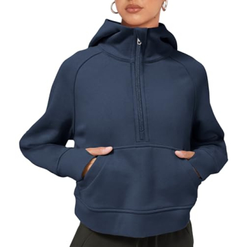 LASLULU Womens Cropped Hoodies Sport Athletic Zip Up Hoodie Sweater Fleece Jacket Sweatshirt Long Sleeve Pullover Fall Outifits 2024 Pockets(Navy Blue Medium)