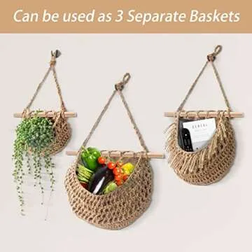 WQSS AOEIU Hanging Fruit Basket, Handmade 3-Tier Jute Woven Wall Basket, BOHO Kitchen Wall Decor for Organizing, Storage Basket for Kitchen Living & Bathroom Bedroom