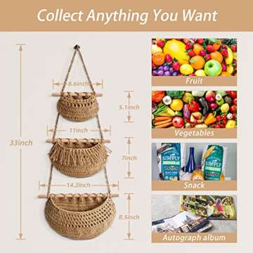 WQSS AOEIU Hanging Fruit Basket, Handmade 3-Tier Jute Woven Wall Basket, BOHO Kitchen Wall Decor for Organizing, Storage Basket for Kitchen Living & Bathroom Bedroom