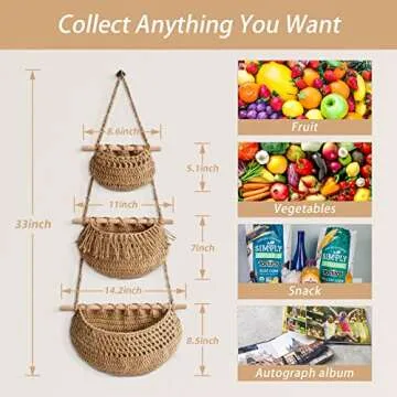 WQSS AOEIU Hanging Fruit Basket, Handmade 3-Tier Jute Woven Wall Basket, BOHO Kitchen Wall Decor for Organizing, Storage Basket for Kitchen Living & Bathroom Bedroom