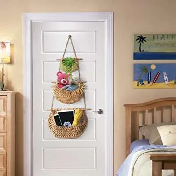 WQSS AOEIU Hanging Fruit Basket, Handmade 3-Tier Jute Woven Wall Basket, BOHO Kitchen Wall Decor for Organizing, Storage Basket for Kitchen Living & Bathroom Bedroom