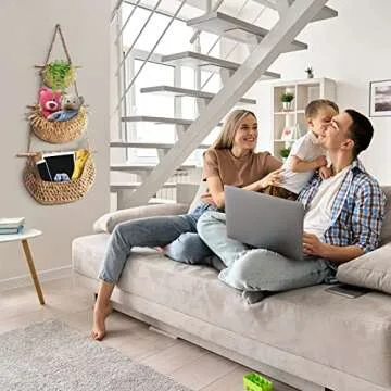 WQSS AOEIU Hanging Fruit Basket, Handmade 3-Tier Jute Woven Wall Basket, BOHO Kitchen Wall Decor for Organizing, Storage Basket for Kitchen Living & Bathroom Bedroom