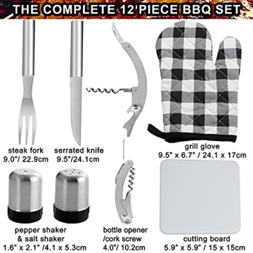 POLIGO 12PCS Grill Set Stainless Steel Grill Utensils Set with Black Cooler Bag - Barbeque Grill Accessories for Outdoor Grill - Premium BBQ Tools Set Ideal Father's Day Grilling Gifts for Men Dad