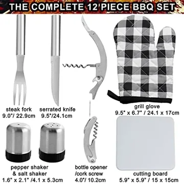 POLIGO 12PCS Grill Set Stainless Steel Grill Utensils Set with Black Cooler Bag - Barbeque Grill Accessories for Outdoor Grill - Premium BBQ Tools Set Ideal Father's Day Grilling Gifts for Men Dad