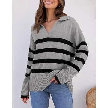 ZESICA Women's Winter Sweaters Lapel V Neck Long Sleeve Striped Chunky Knit Oversized Pullover Sweat...