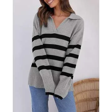 ZESICA Women's Winter Sweaters Lapel V Neck Long Sleeve Striped Chunky Knit Oversized Pullover Sweater Jumper Tops,Grey,X-Large