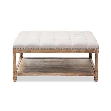 Baxton Studio Valensole French Country Weathered Oak Rectangular Coffee Table Ottoman, Beige Linen