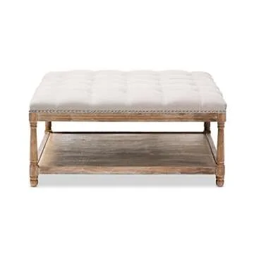 Baxton Studio Valensole French Country Weathered Oak Rectangular Coffee Table Ottoman, Beige Linen