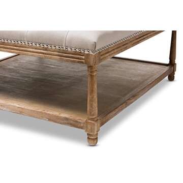 Baxton Studio Valensole French Country Weathered Oak Rectangular Coffee Table Ottoman, Beige Linen