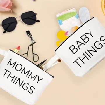 iAOVUEBY New Mom Gifts, 2PCS Mommy and Baby Canvas Pouch Set, Gifts For Expecting Moms Keepsake Bag, New Mothers and Baby Essentials Stuff, Neutral Makeup Bag Gift Set