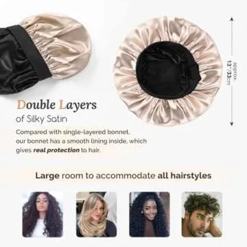 Hat Hut Satin Bonnet Silk Bonnet Sleep Cap for Women Hair Bonnet for Curly Natural Hair Sleeping Adjustable Wide Band Double Layer (Champagne)