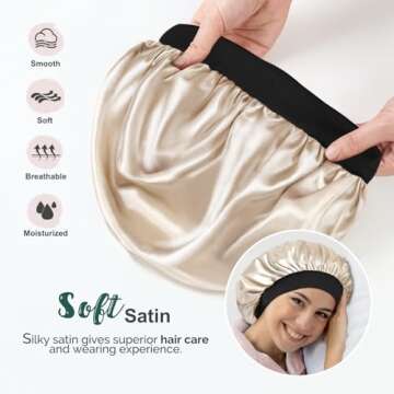 Hat Hut Satin Bonnet Silk Bonnet Sleep Cap for Women Hair Bonnet for Curly Natural Hair Sleeping Adjustable Wide Band Double Layer (Champagne)