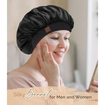 Hat Hut Satin Bonnet Silk Bonnet Sleep Cap for Women Hair Bonnet for Curly Natural Hair Sleeping Adjustable Wide Band Double Layer (Champagne)