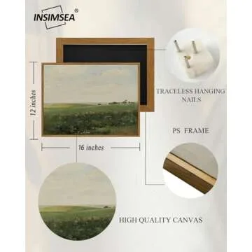 InSimSea Framed Canvas Wall Art Vintage Decor, Country Wall Art for Living Room, Vast Grassland Bathroom Pictures Wall Decor, Landscape Painting Home Decor, Office Dining Room Decor, 12"x16"