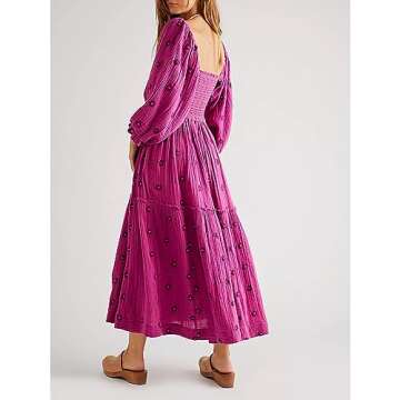 ABYOVRT Women Floral Embroidered Maxi Dress Long Puff Sleeve Square Neck Bohemian Flowy Dress with P...